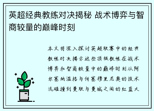 英超经典教练对决揭秘 战术博弈与智商较量的巅峰时刻