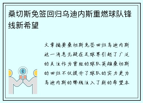 桑切斯免签回归乌迪内斯重燃球队锋线新希望